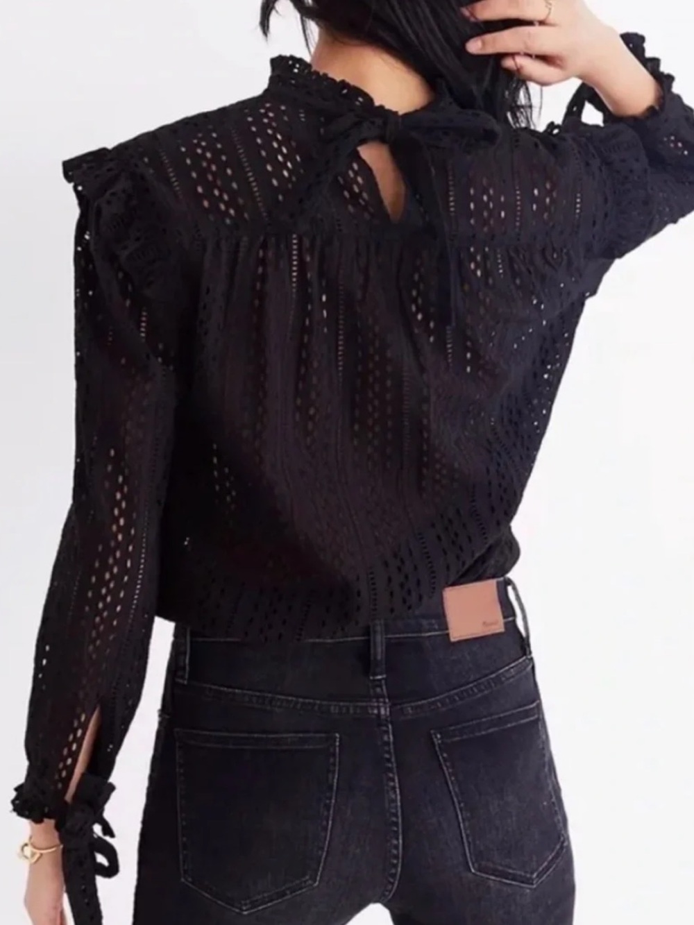 Madewell Eyelet Ruffle Black Long Sleeve Blouse